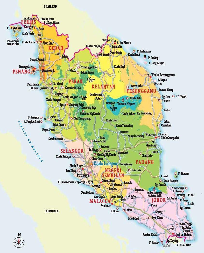แผนที่ของทางตะวันตกมาเลเซีย