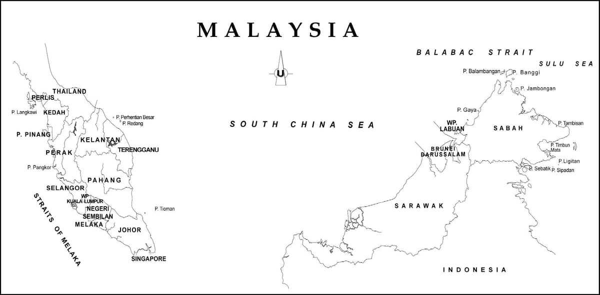 แผนที่ของเส้นแผนที่ของมาเลเซียกับรัฐขอบเขต